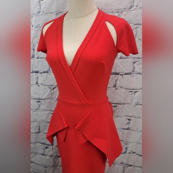 Greta Constantine Women's Peplum Flynn Dress Red Midi Made in Canada Size XS - Picture 3 of 14